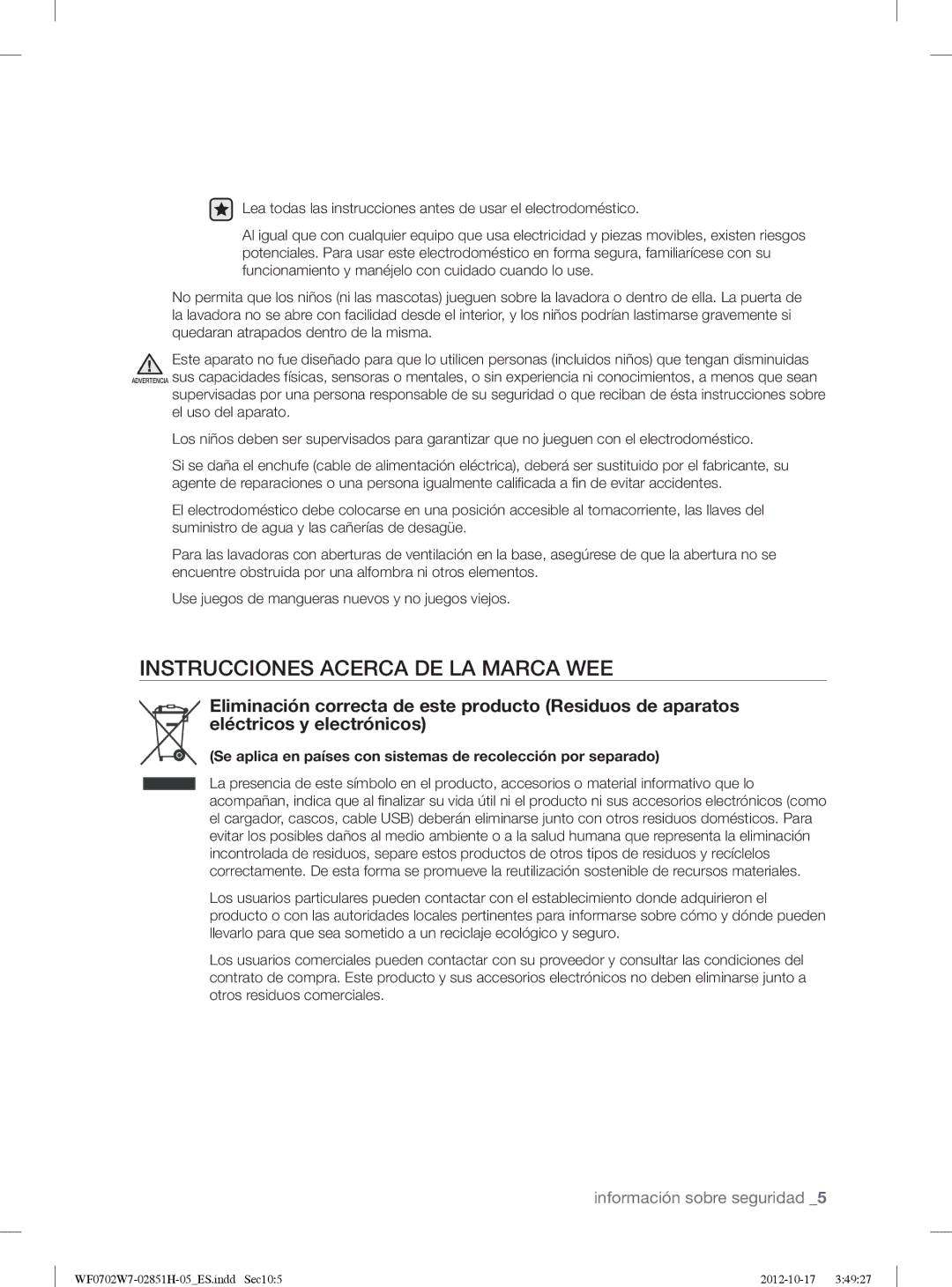 Samsung WF0702W7W1/XEC manual Instrucciones Acerca DE LA Marca WEE 