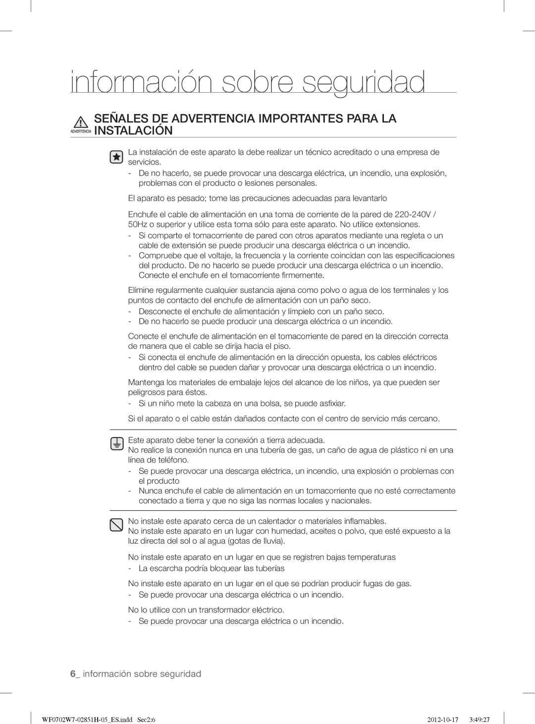 Samsung WF0702W7W1/XEC manual Señales DE Advertencia Importantes Para LA 