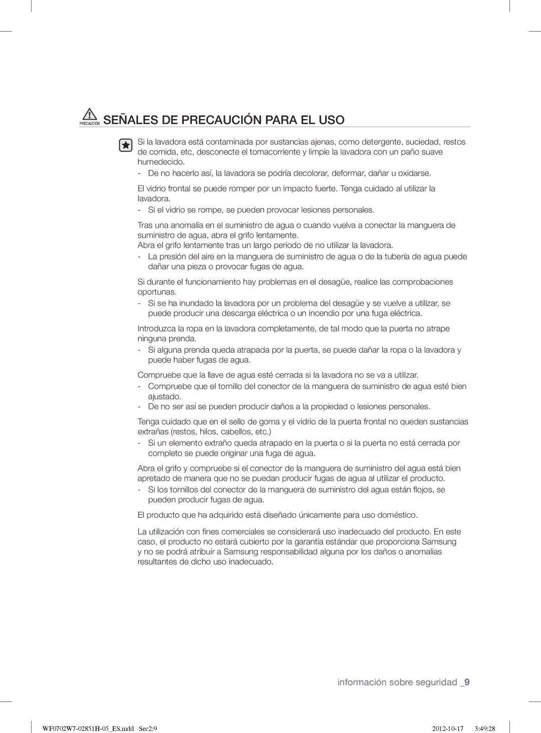 Samsung WF0702W7W1/XEC manual Precaución Señales DE Precaución Para EL USO 