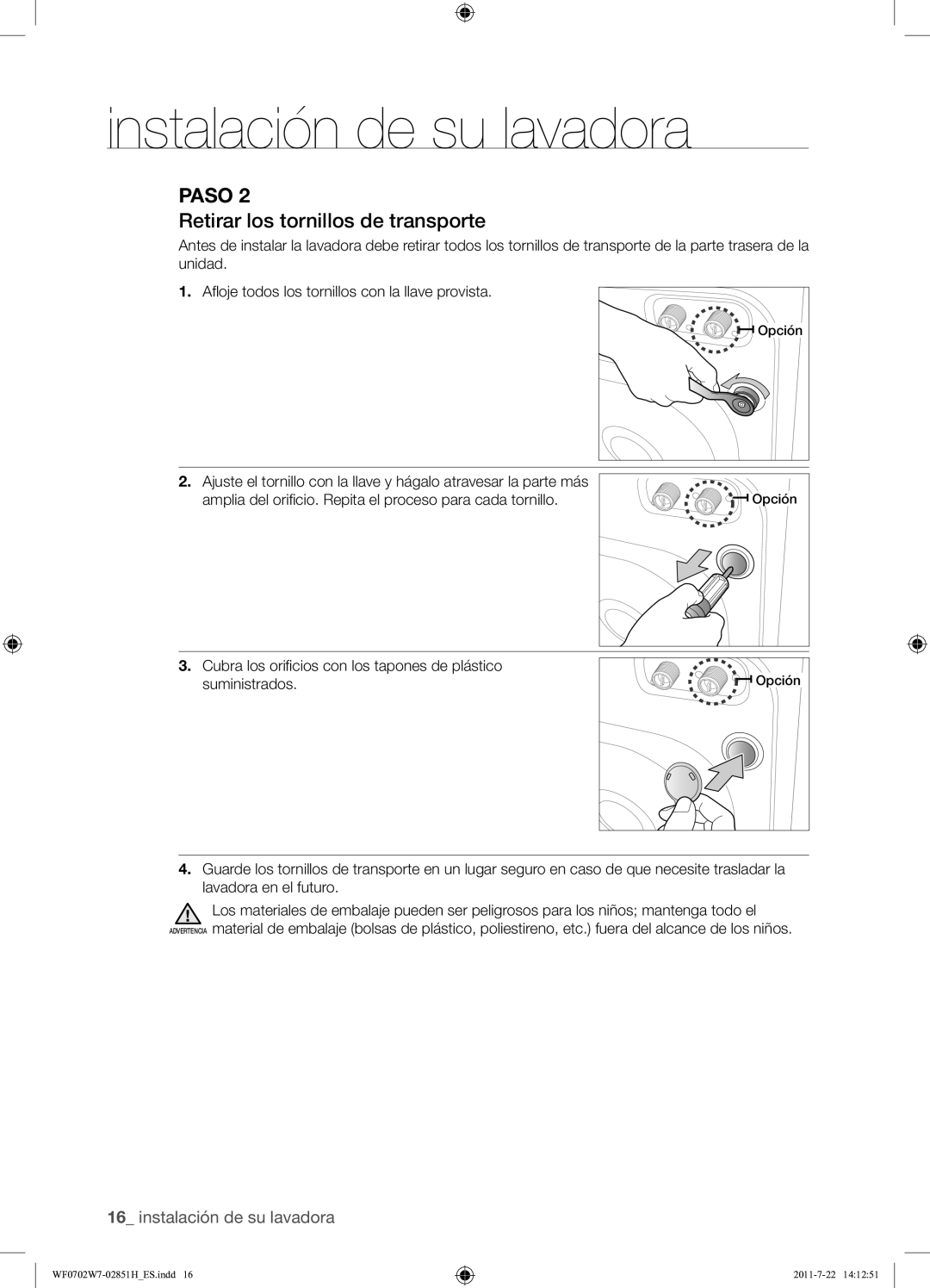Samsung WF0702W7W/XEC manual Retirar los tornillos de transporte 