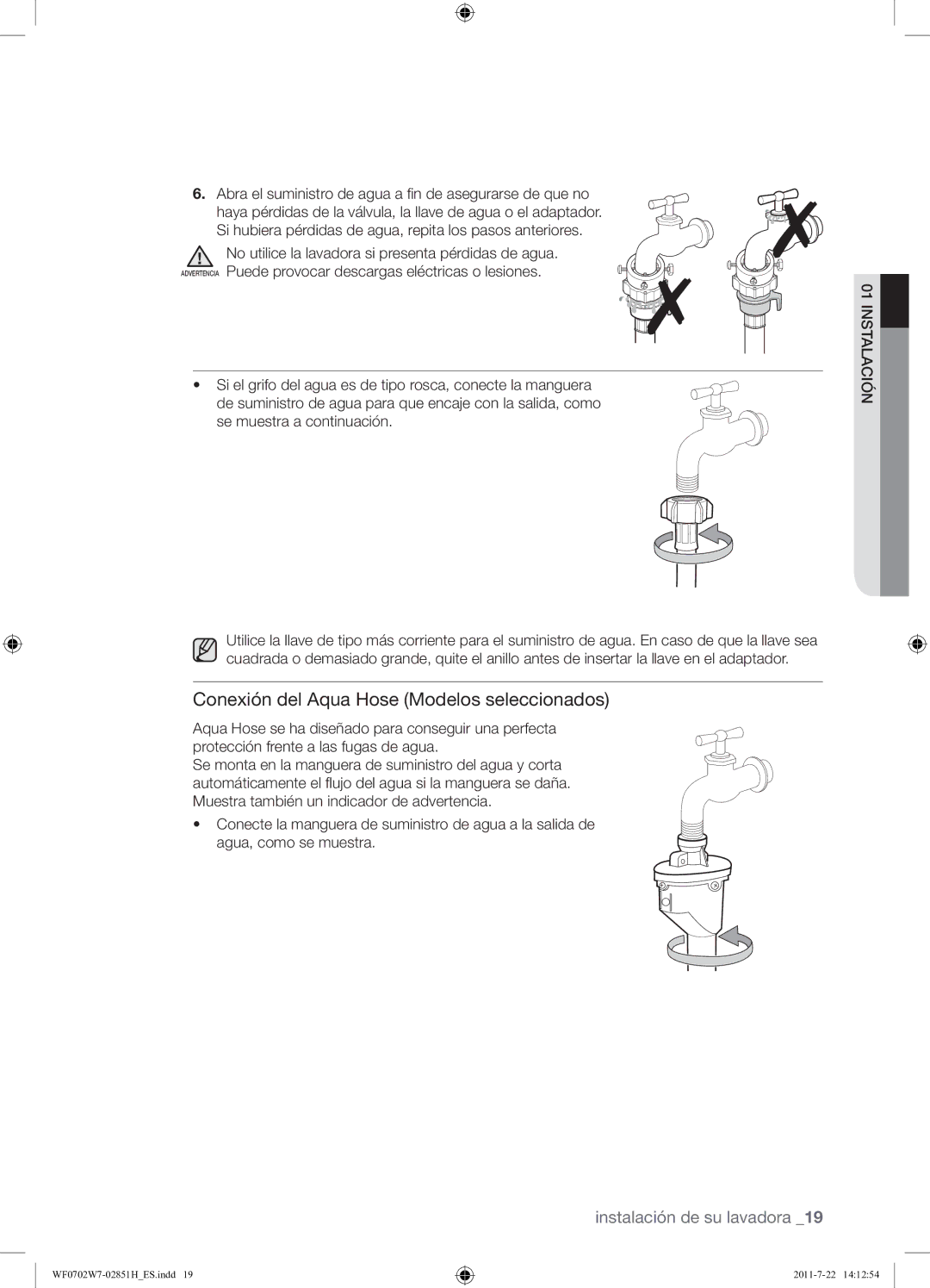 Samsung WF0702W7W/XEC manual Conexión del Aqua Hose Modelos seleccionados 