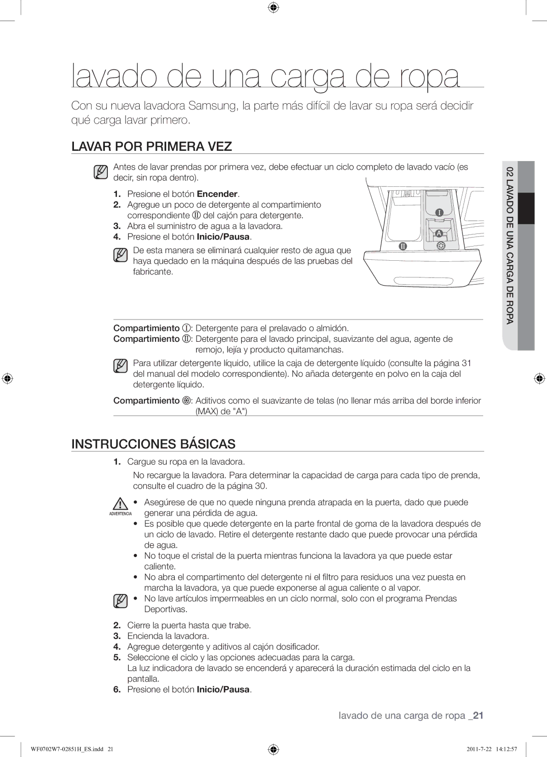 Samsung WF0702W7W/XEC manual Lavado de una carga de ropa, Lavar POR Primera VEZ, Instrucciones Básicas 