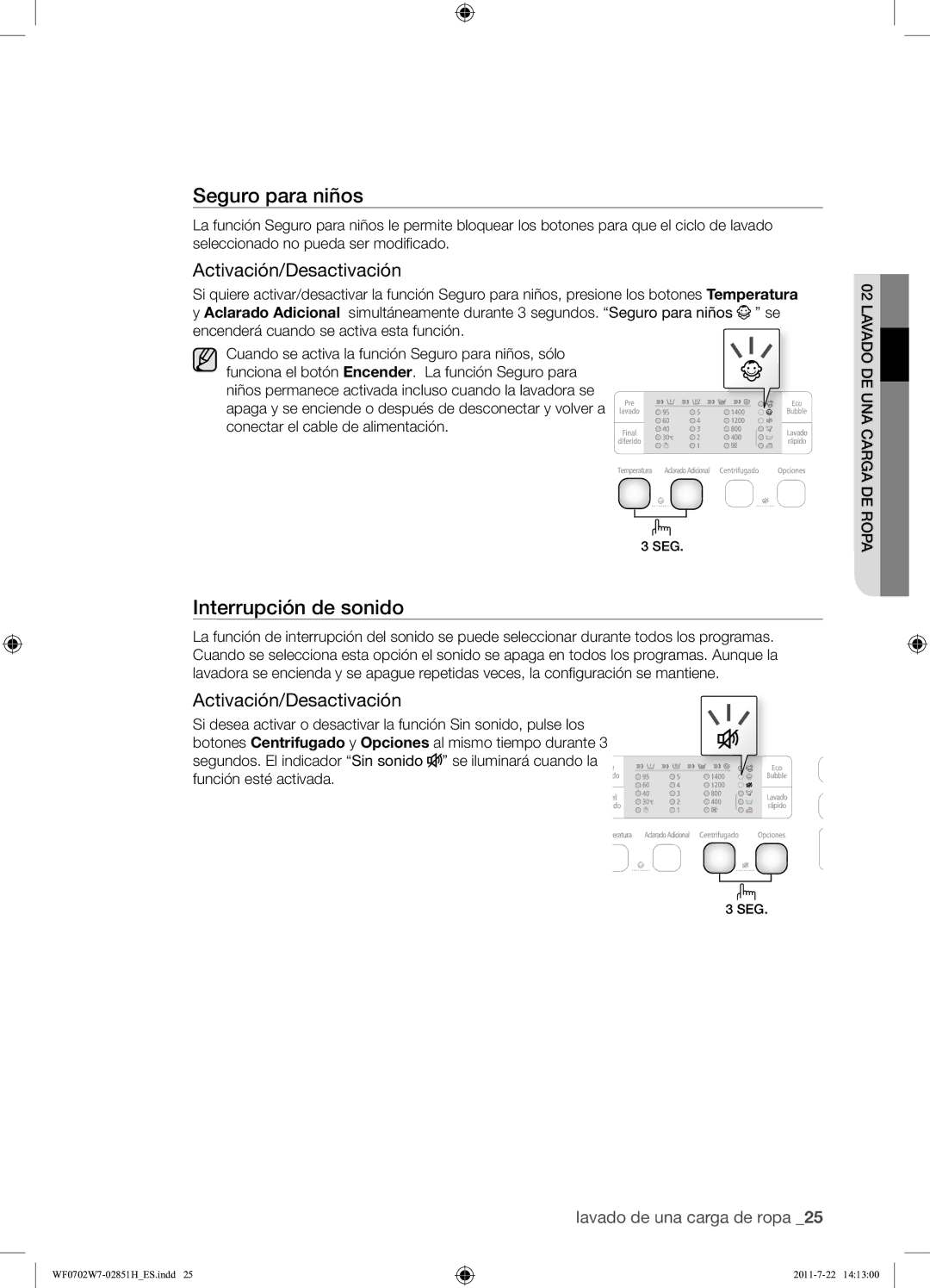 Samsung WF0702W7W/XEC manual Interrupción de sonido, Activación/Desactivación 