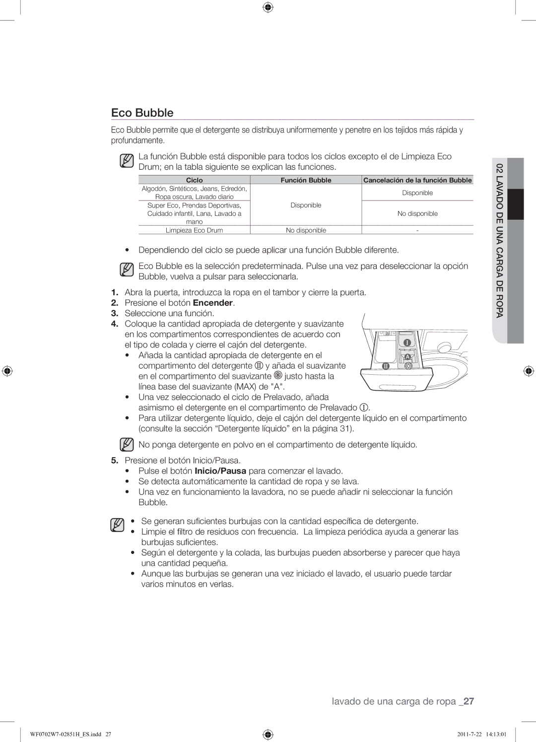 Samsung WF0702W7W/XEC manual Eco Bubble, Ciclo Función Bubble Cancelación de la función Bubble 