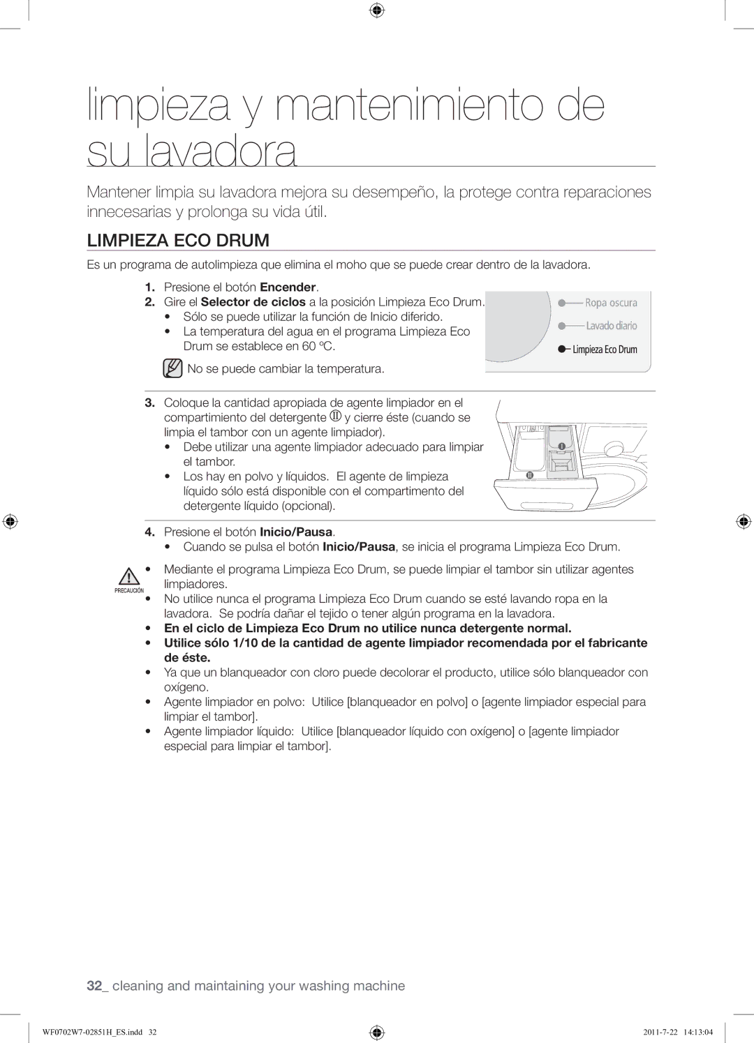 Samsung WF0702W7W/XEC manual Limpieza y mantenimiento de su lavadora, Limpieza ECO Drum 