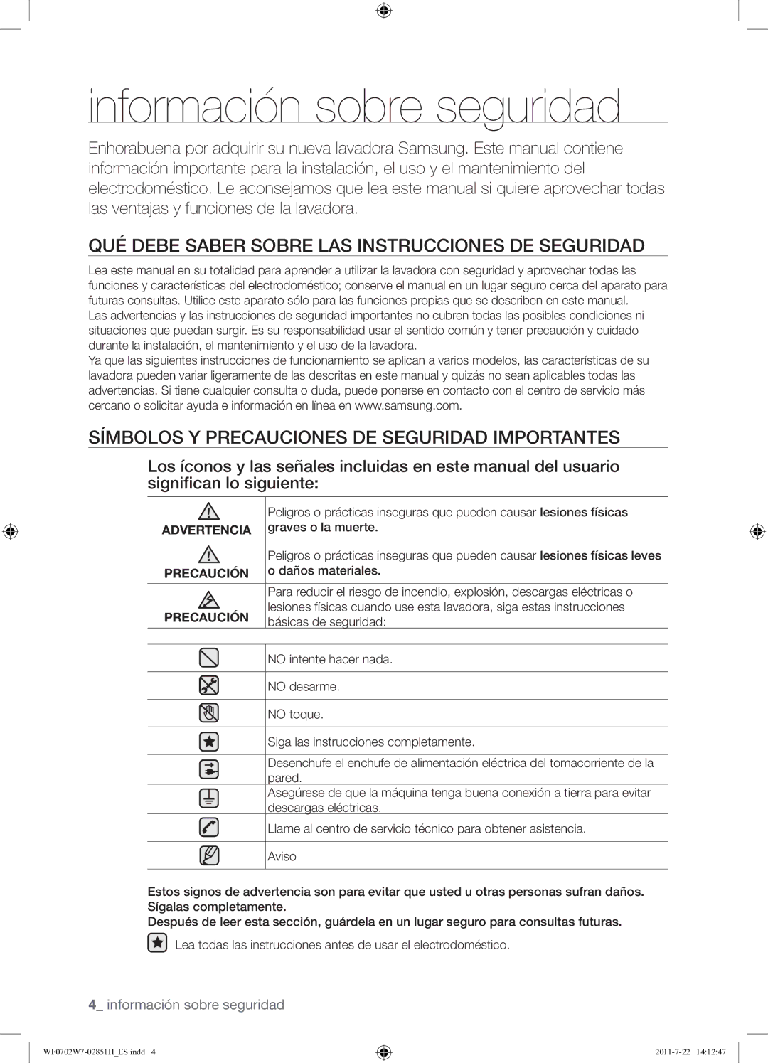 Samsung WF0702W7W/XEC manual Información sobre seguridad, QUÉ Debe Saber Sobre LAS Instrucciones DE Seguridad 