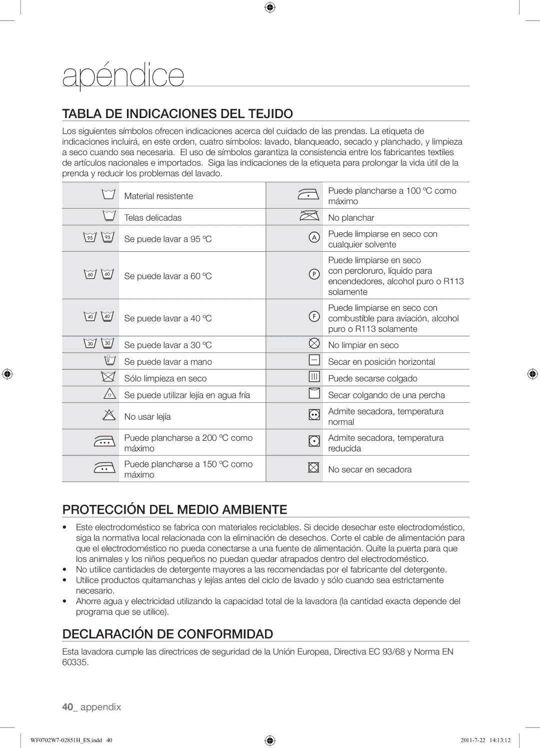 Samsung WF0702W7W/XEC manual Apéndice, Tabla DE Indicaciones DEL Tejido, Protección DEL Medio Ambiente 