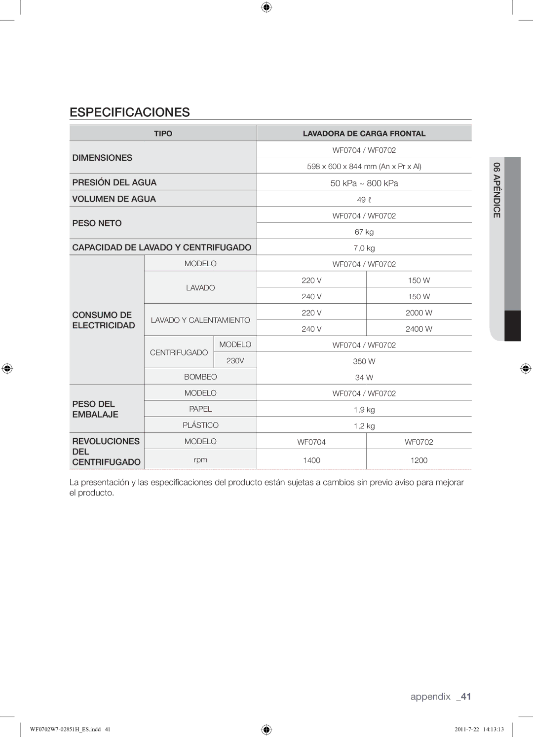 Samsung WF0702W7W/XEC manual Especificaciones, Centrifugado 