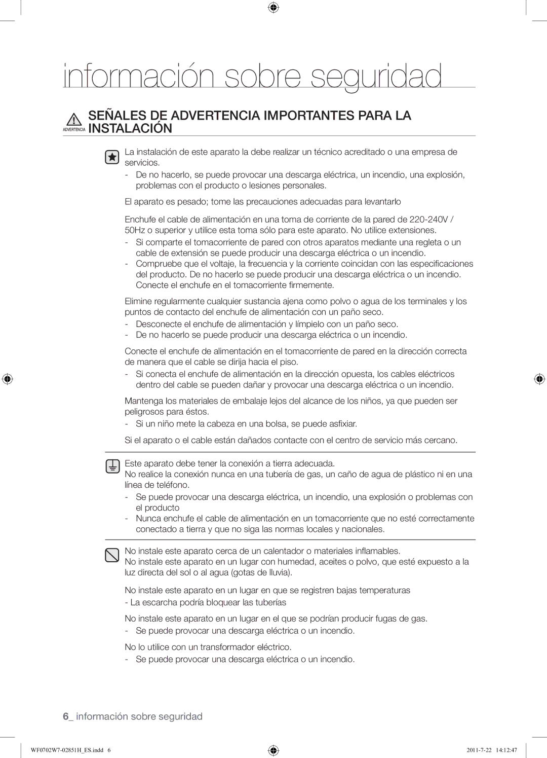 Samsung WF0702W7W/XEC manual Señales DE Advertencia Importantes Para LA 