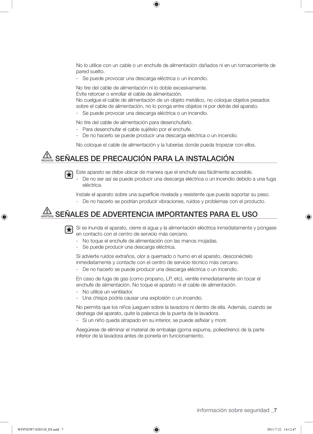 Samsung WF0702W7W/XEC manual Precaución Señales DE Precaución Para LA Instalación 