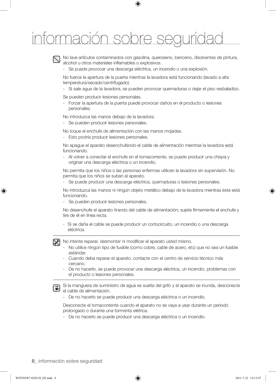 Samsung WF0702W7W/XEC manual Información sobre seguridad 