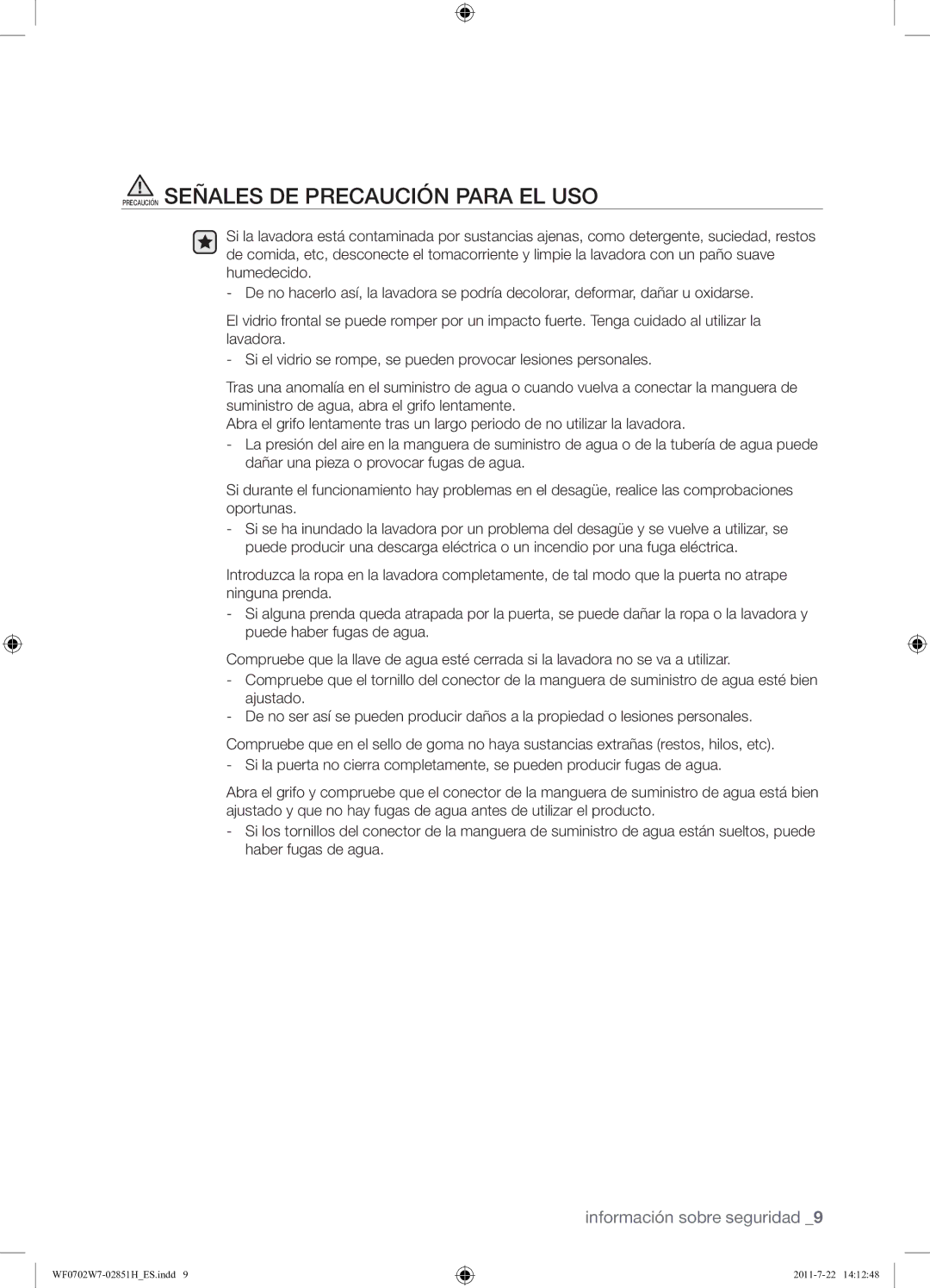 Samsung WF0702W7W/XEC manual Precaución Señales DE Precaución Para EL USO 