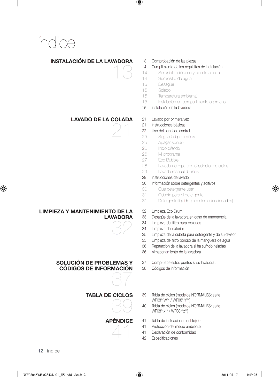 Samsung WF0702W7W/XEC manual Índice 