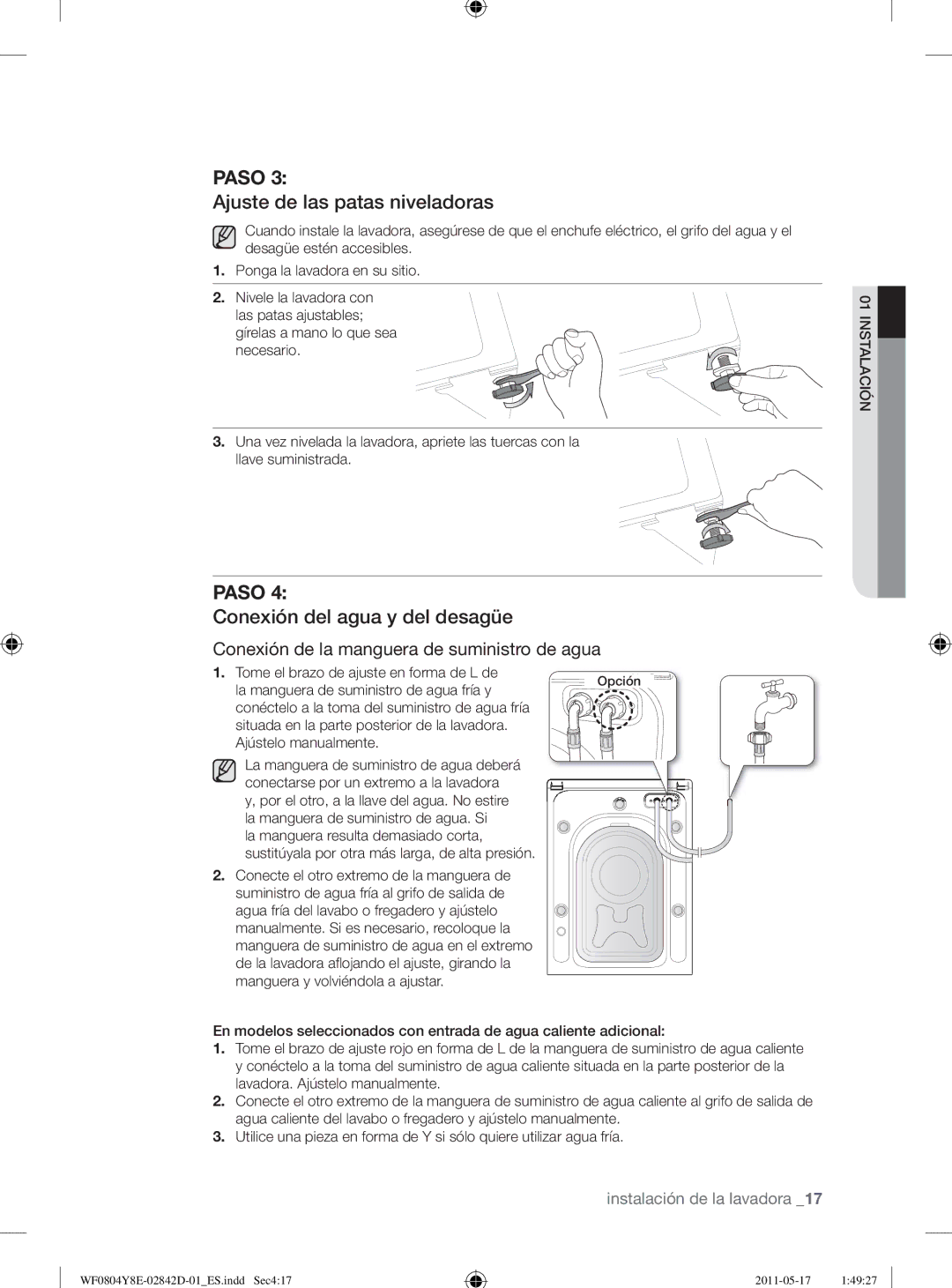 Samsung WF0702W7W/XEC manual Ajuste de las patas niveladoras, Conexión del agua y del desagüe 