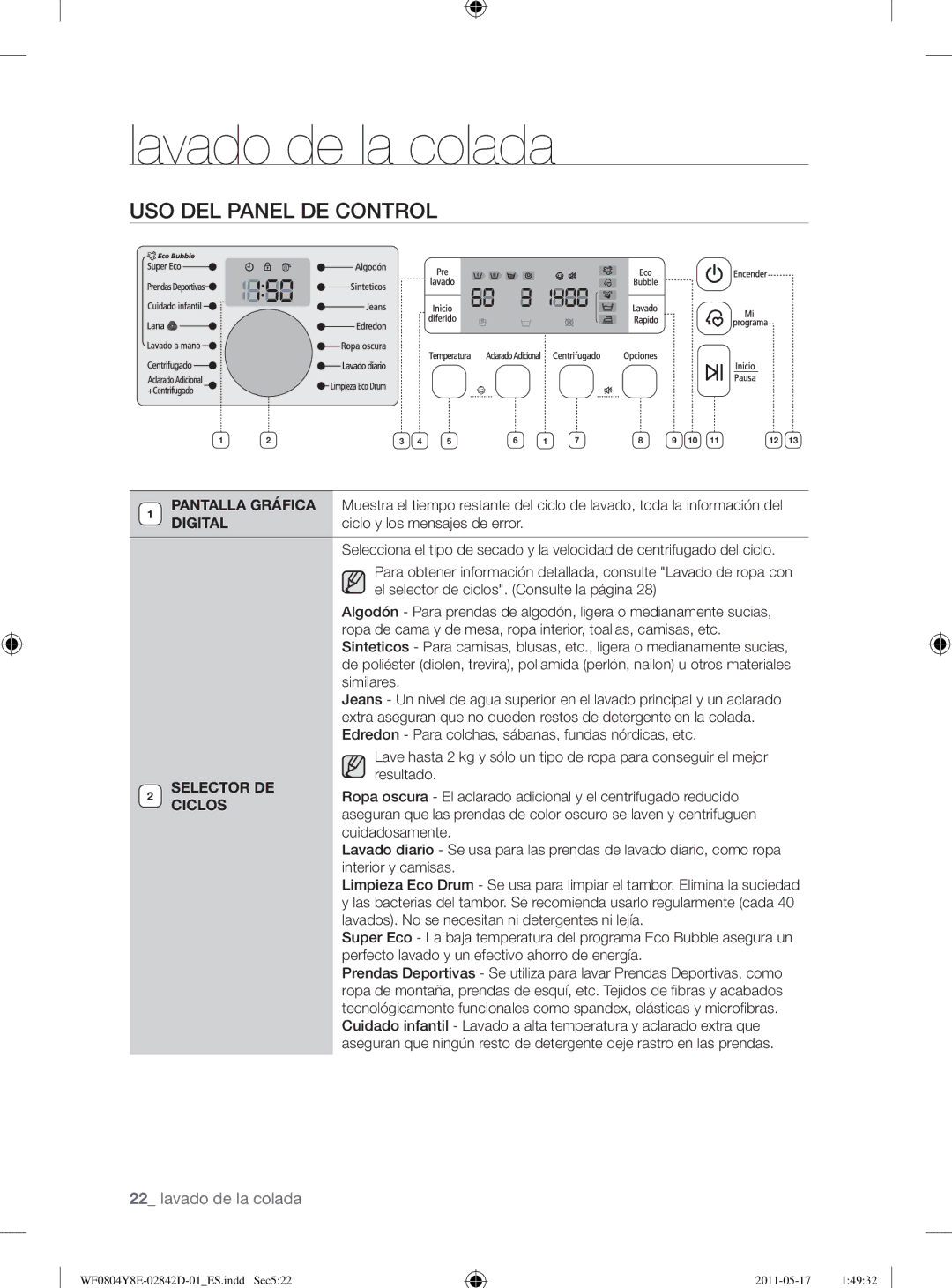 Samsung WF0702W7W/XEC manual USO DEL Panel DE Control, Pantalla Gráfica, Digital, Selector DE, Ciclos 