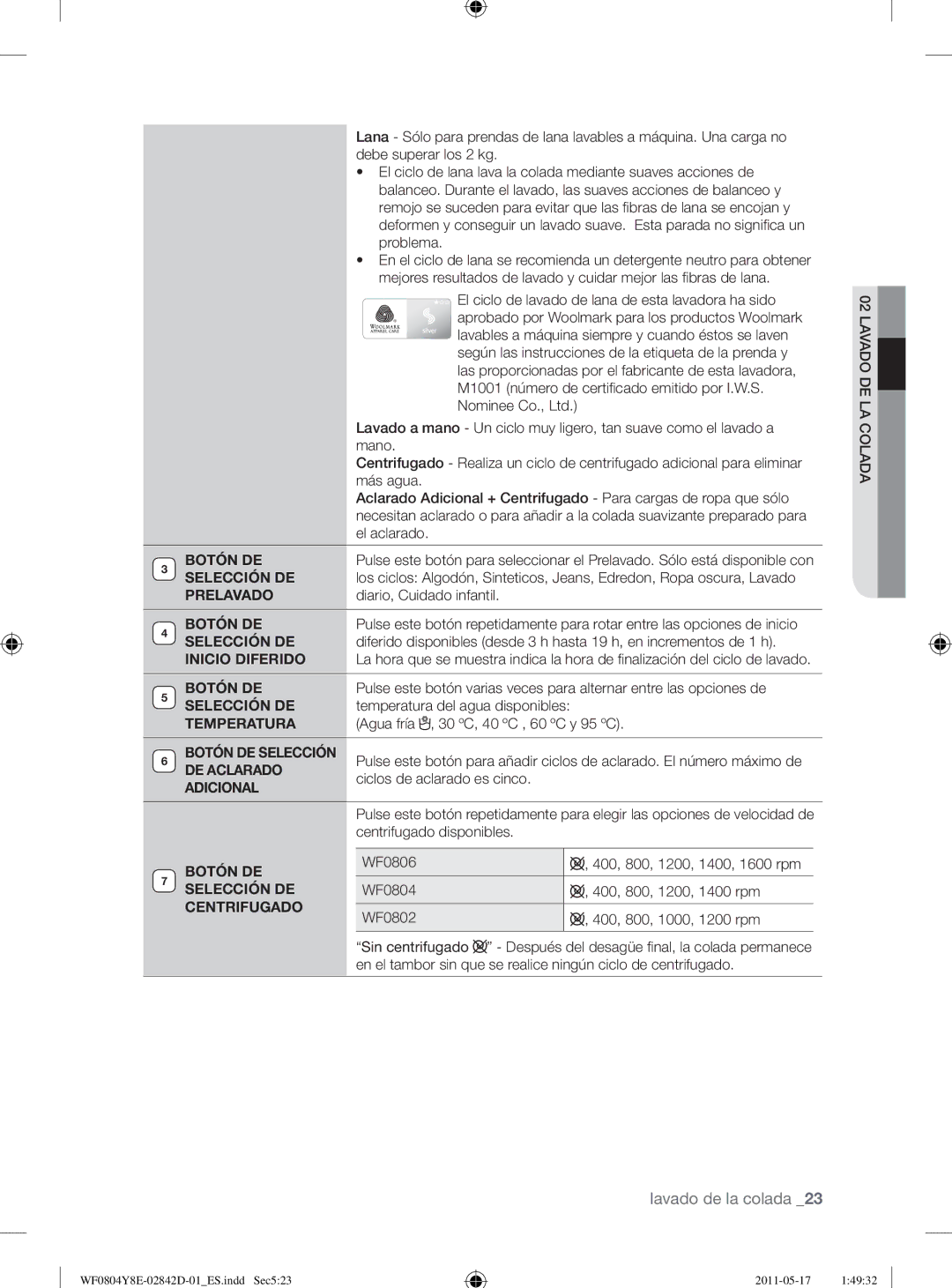 Samsung WF0702W7W/XEC manual Selección DE, Prelavado, Inicio Diferido, Temperatura, Botón DE Selección, DE Aclarado 