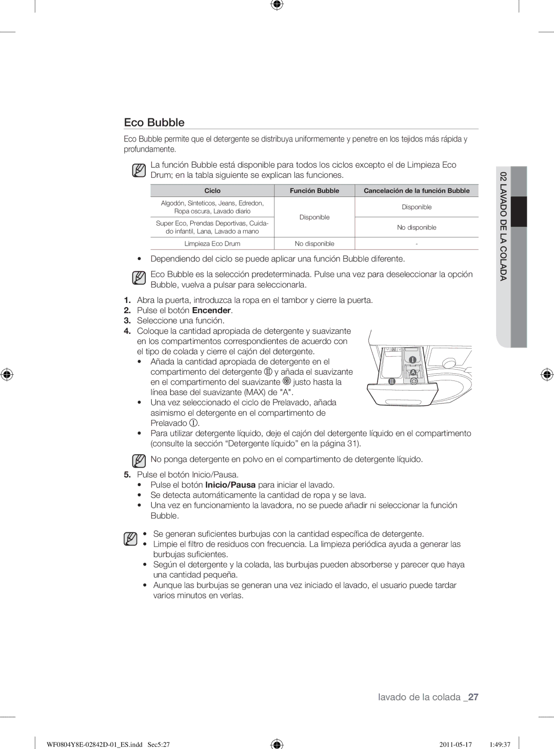 Samsung WF0702W7W/XEC manual Eco Bubble, El tipo de colada y cierre el cajón del detergente 