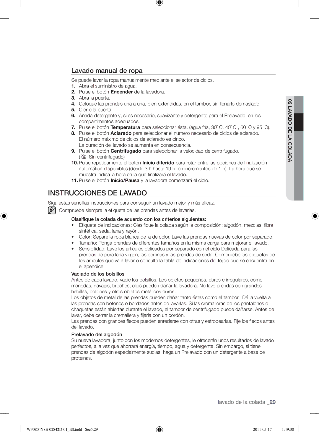 Samsung WF0702W7W/XEC Instrucciones DE Lavado, Lavado manual de ropa 