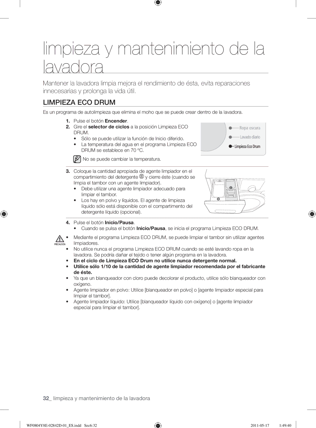 Samsung WF0702W7W/XEC manual Limpieza y mantenimiento de la lavadora, Limpieza ECO Drum 