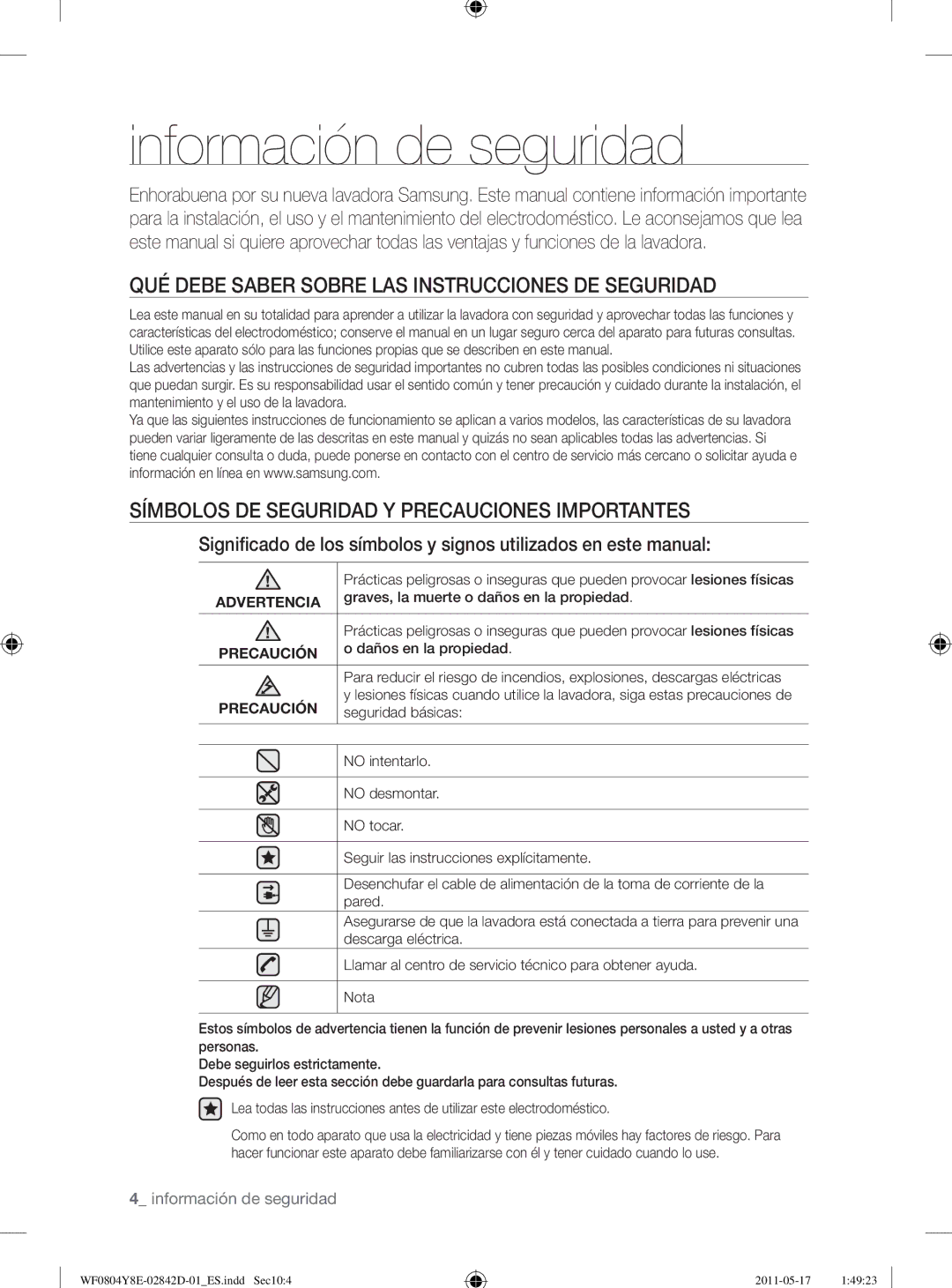 Samsung WF0702W7W/XEC manual Información de seguridad, QUÉ Debe Saber Sobre LAS Instrucciones DE Seguridad, Precaución 