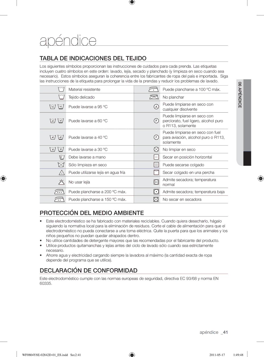 Samsung WF0702W7W/XEC manual Apéndice, Tabla DE Indicaciones DEL Tejido, Protección DEL Medio Ambiente 