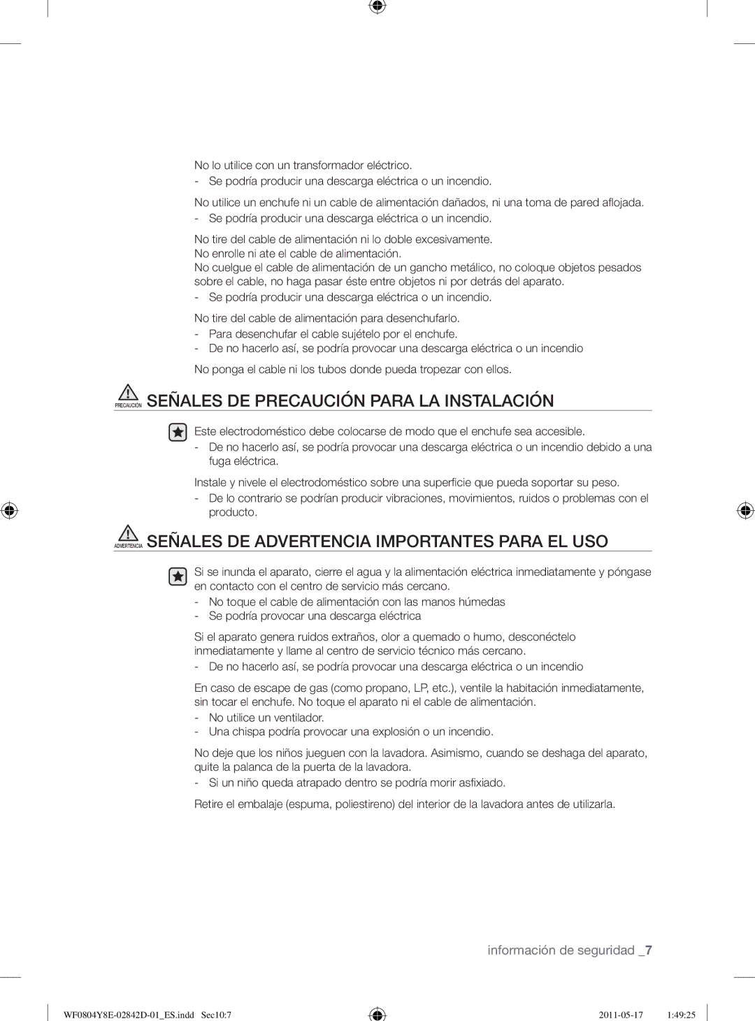 Samsung WF0702W7W/XEC manual Precaución Señales DE Precaución Para LA Instalación 