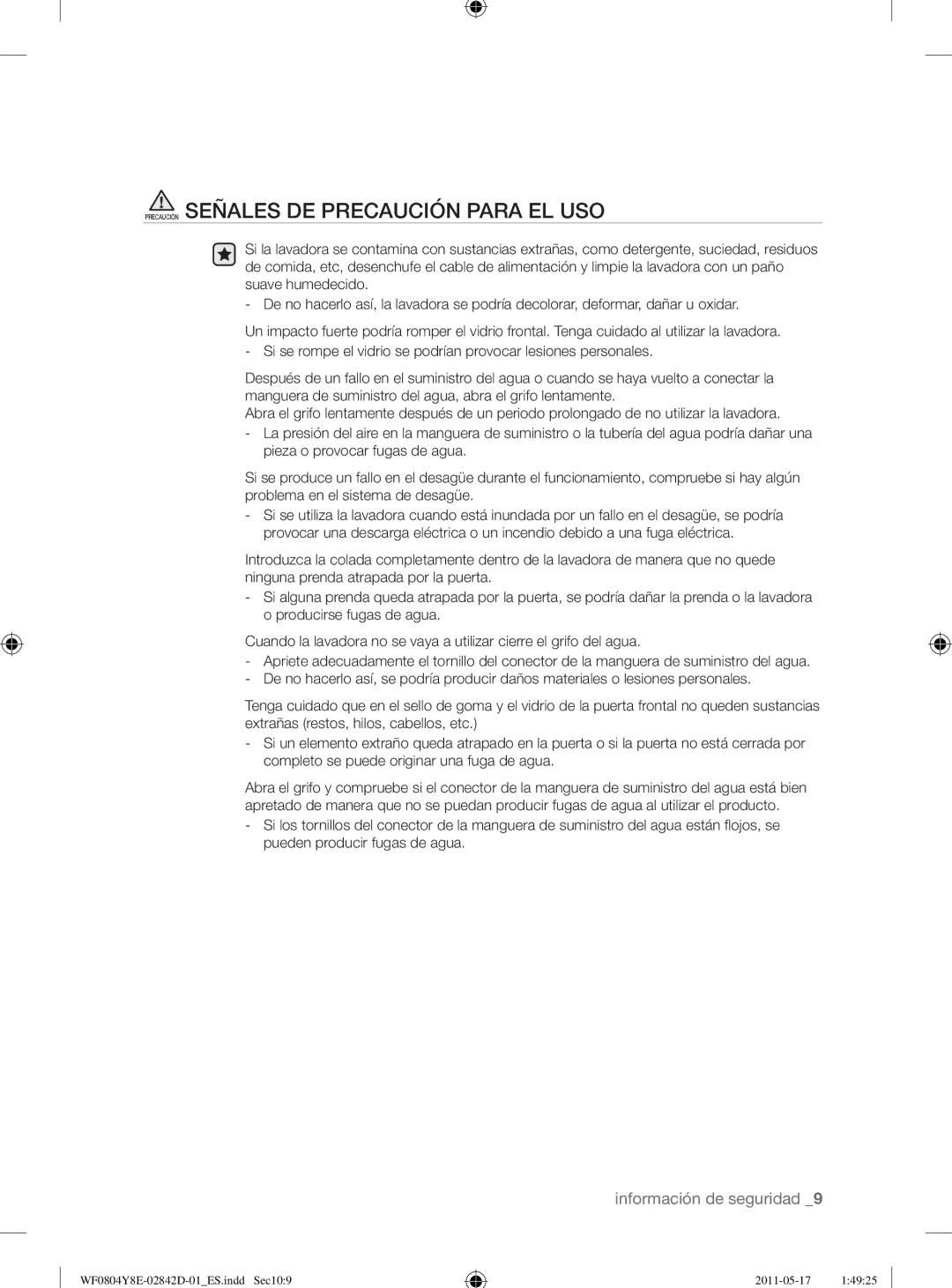 Samsung WF0702W7W/XEC manual Precaución Señales DE Precaución Para EL USO 