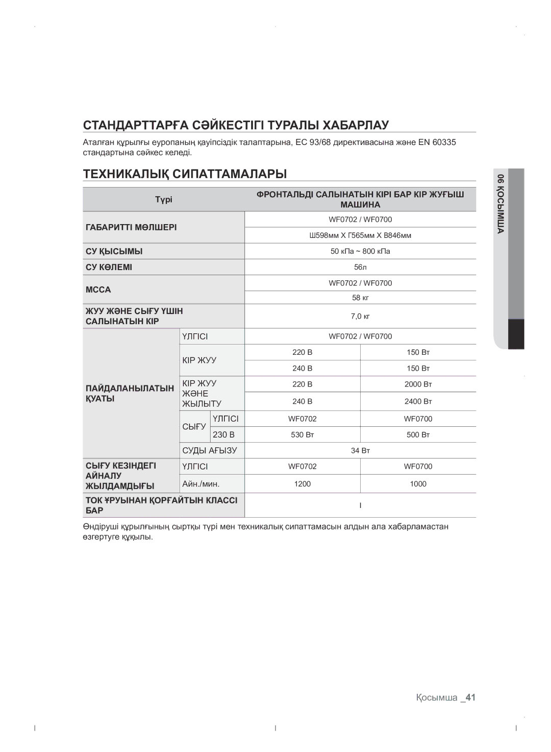 Samsung WF0702WJWDYLP manual Стандарттарға Сәйкестігі Туралы Хабарлау, Техникалық Сипаттамалары, Қосымша 