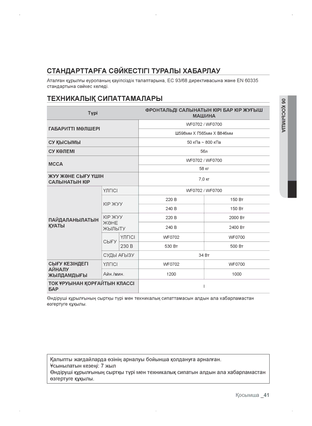 Samsung WF0702WKV/YLP, WF0702WKEDYLP manual Стандарттарға Сәйкестігі Туралы Хабарлау, Техникалық Сипаттамалары, Қосымша 