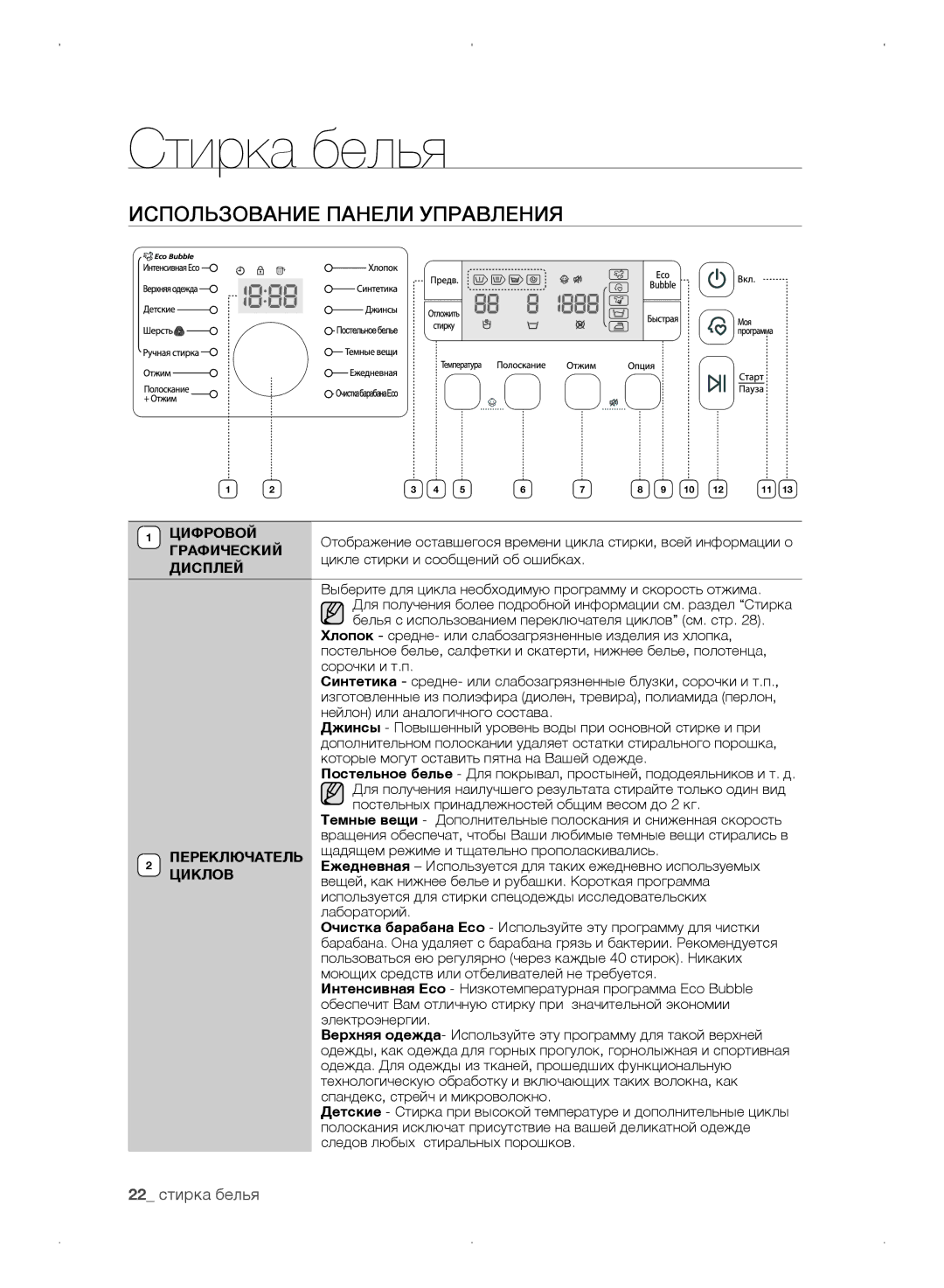 Samsung WF0702WKVDYLP, WF0702WKEDYLP, WF0702WKV/YLP, WF0702WKE/YLP manual Использование панели управления, 22 стирка белья 