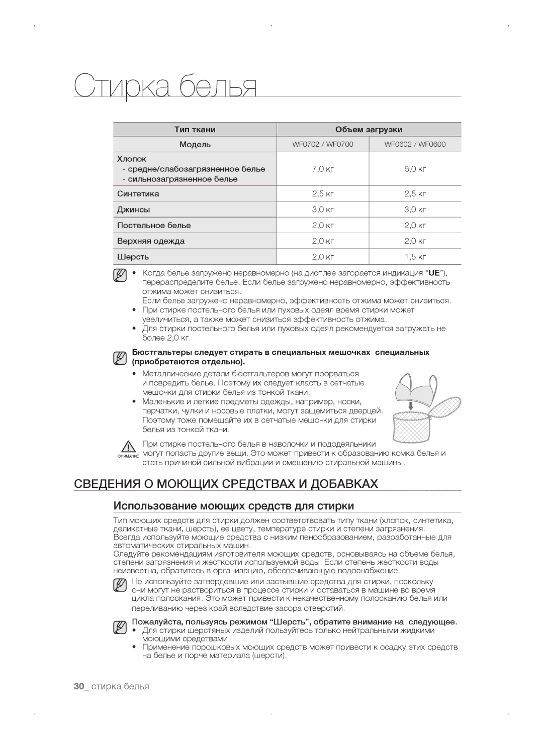 Samsung WF0702WKVDYLP Сведения о моющих средствах и добавках, Использование моющих средств для стирки, 30 стирка белья 