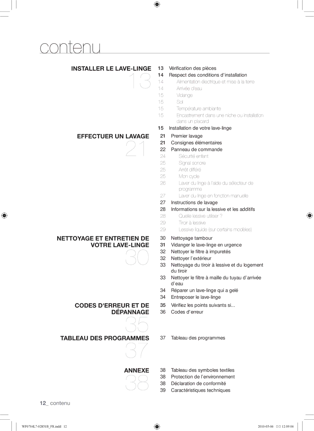 Samsung WF0704L7W/XEF manual Contenu, Déclaration de conformité 