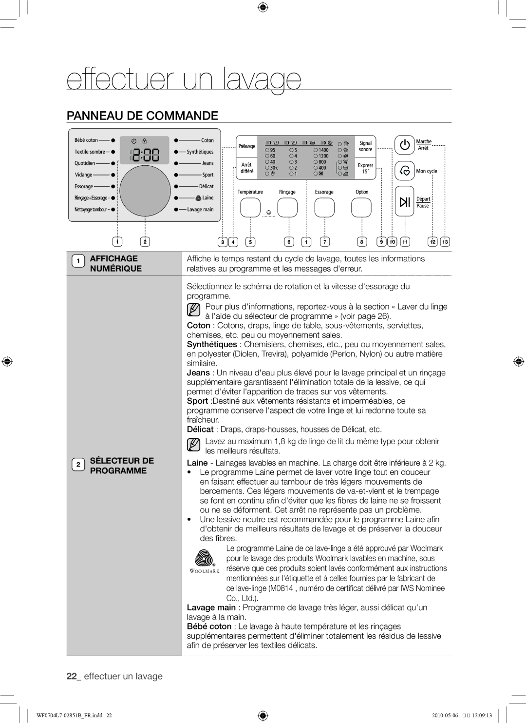 Samsung WF0704L7W/XEF manual Panneau de commande, Affichage, Numérique, Sélecteur DE, Programme 