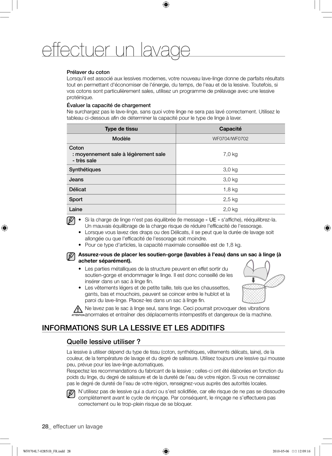 Samsung WF0704L7W/XEF manual Informations sur la lessive et les additifs, Quelle lessive utiliser ?, Modèle 