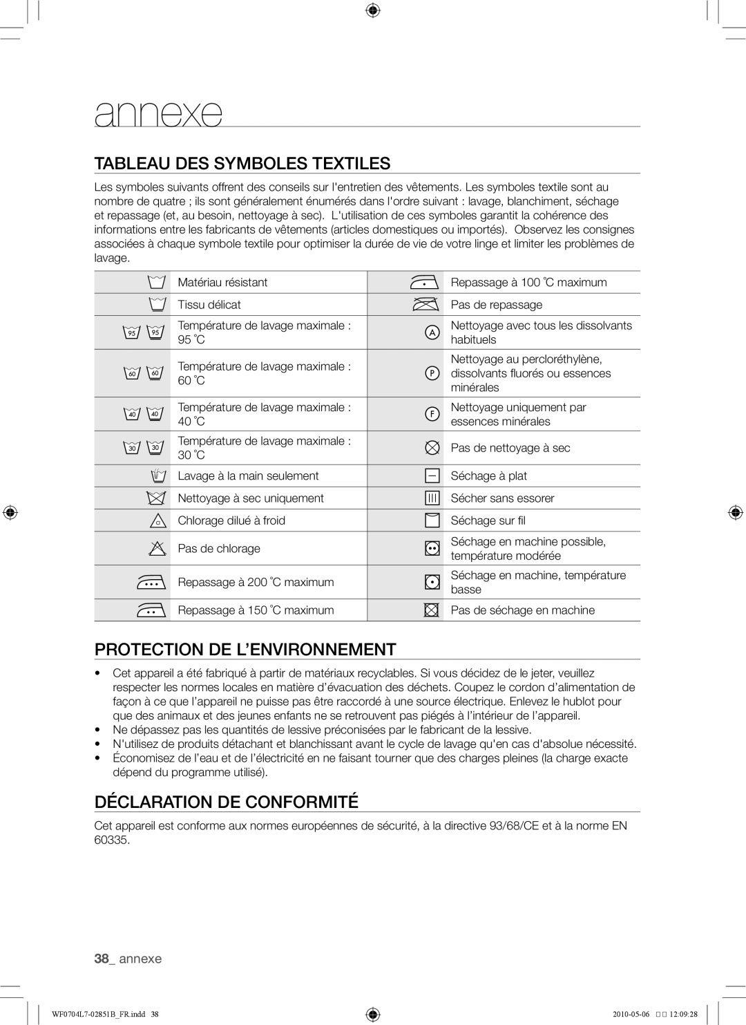 Samsung WF0704L7W/XEF Annexe, Tableau des symboles textiles, Protection de l’environnement, Déclaration de conformité 