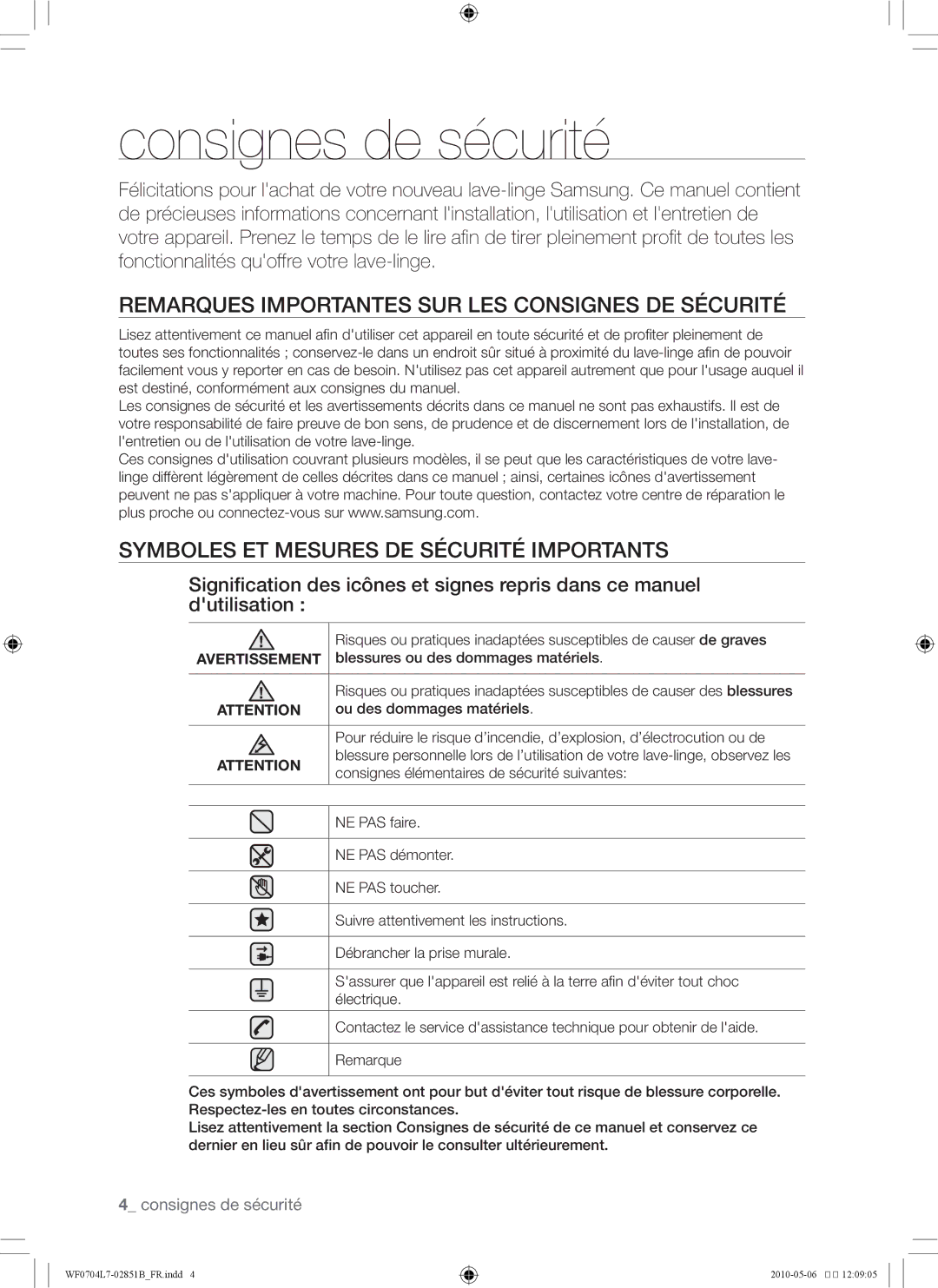 Samsung WF0704L7W/XEF manual Consignes de sécurité, Remarques importantes sur les consignes de sécurité, Avertissement 