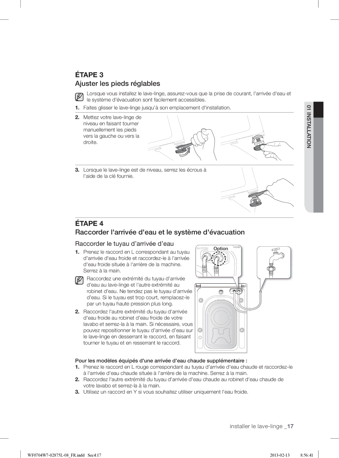 Samsung WF0704W7V/XEF Ajuster les pieds réglables, Raccorder larrivée deau et le système dévacuation, Serrez à la main 