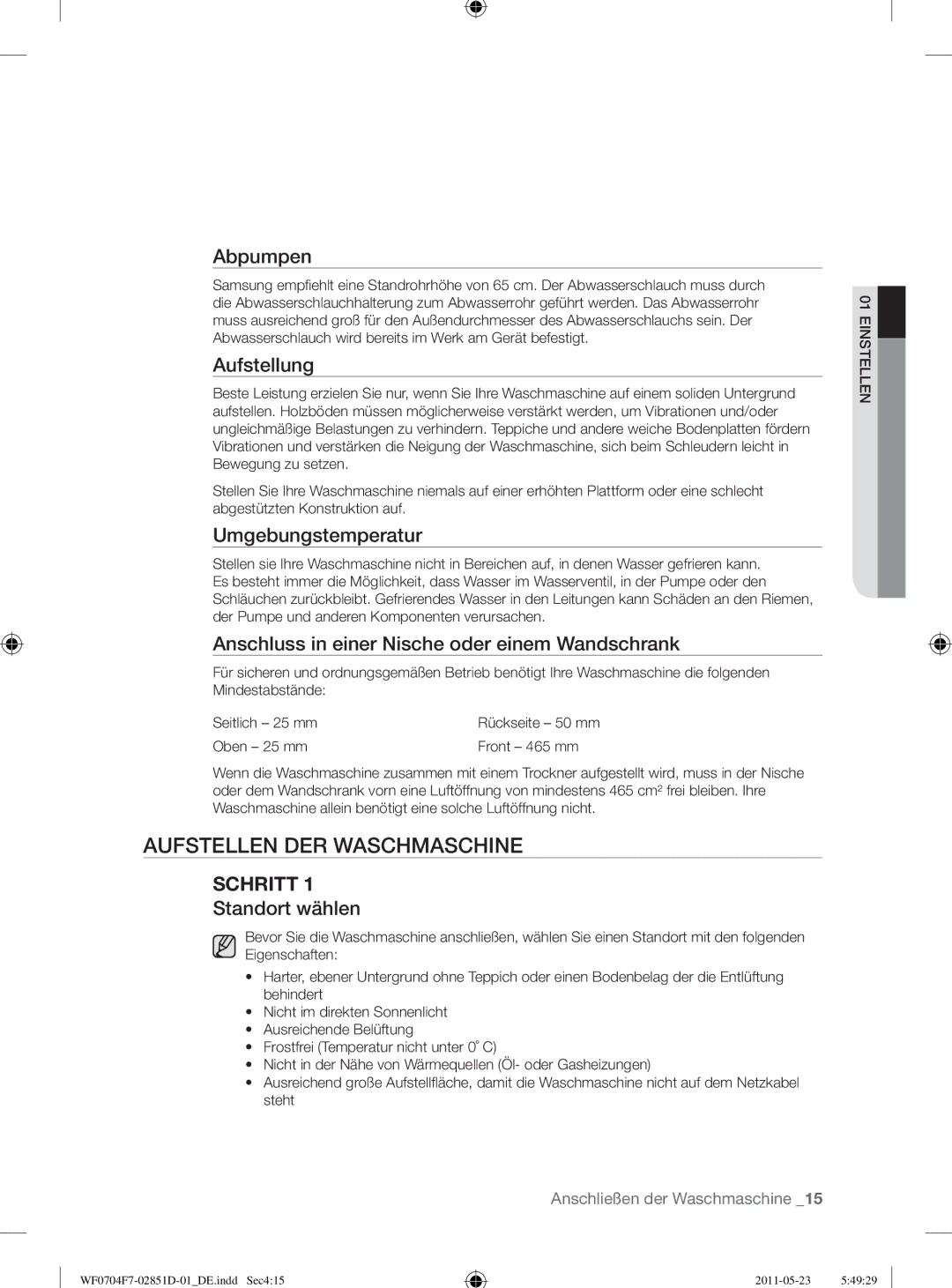 Samsung WF0704Y8E/XEE, WF0704W7V1/YLE, WF0704W7V/YLE manual Aufstellen DER Waschmaschine 