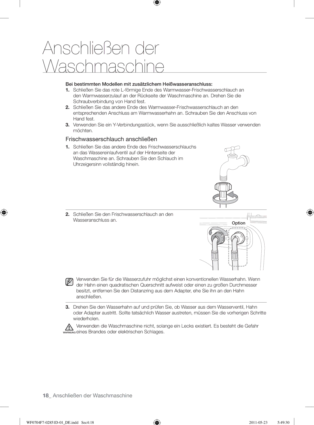 Samsung WF0704Y8E/XEE manual Frischwasserschlauch anschließen, Bei bestimmten Modellen mit zusätzlichem Heißwasseranschluss 