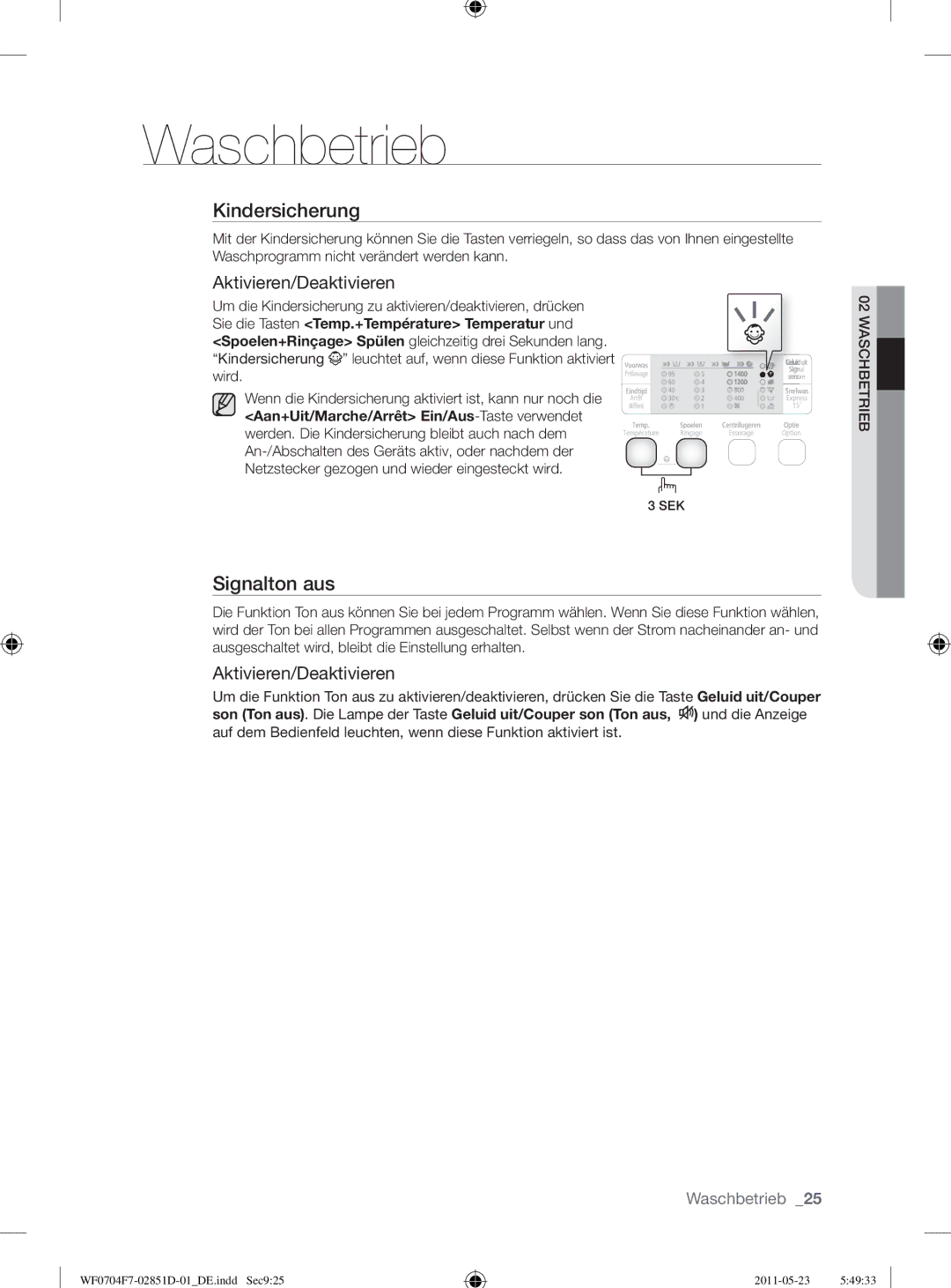 Samsung WF0704W7V1/YLE, WF0704W7V/YLE, WF0704Y8E/XEE manual Signalton aus, Aktivieren/Deaktivieren 