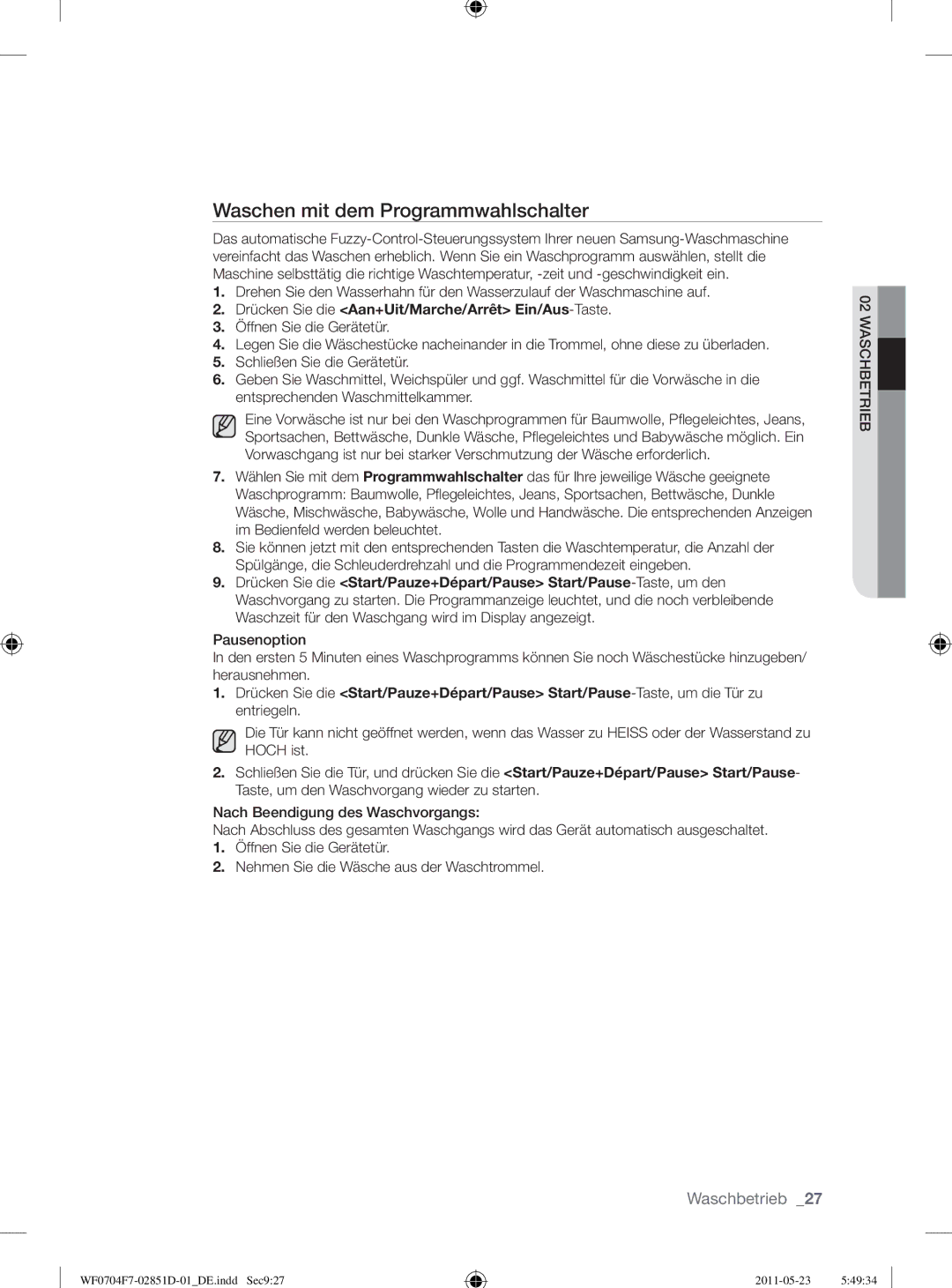 Samsung WF0704Y8E/XEE, WF0704W7V1/YLE, WF0704W7V/YLE manual Waschen mit dem Programmwahlschalter 