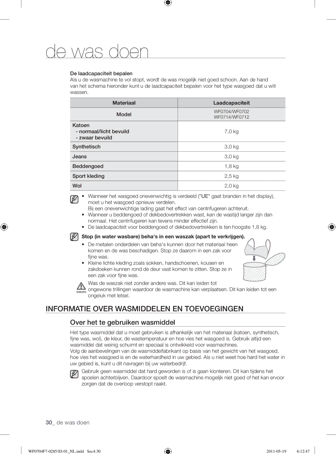 Samsung WF0704W7V1/YLE, WF0704W7V/YLE Informatie Over Wasmiddelen EN Toevoegingen, Over het te gebruiken wasmiddel, Model 