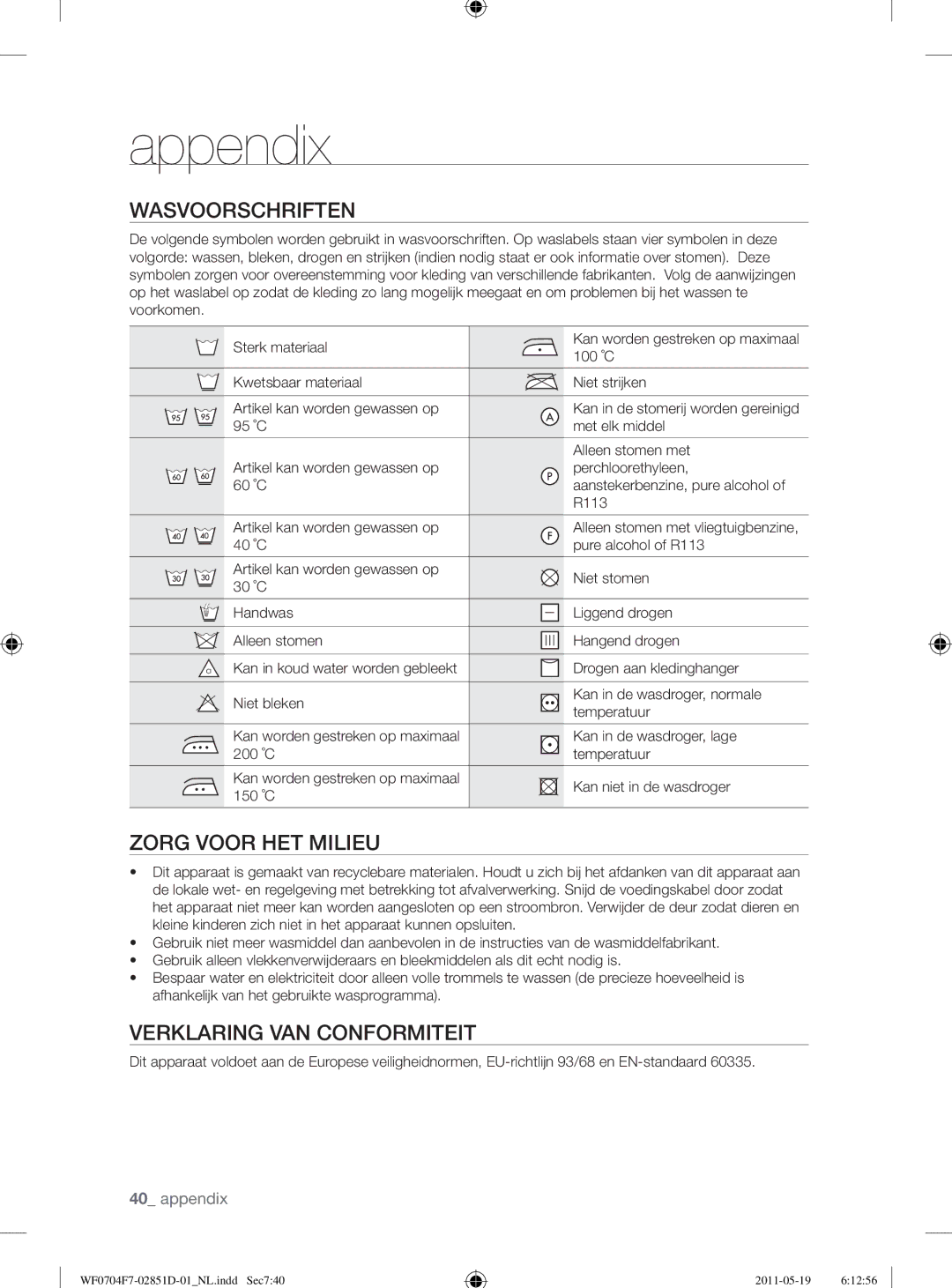 Samsung WF0704W7V/YLE, WF0704W7V1/YLE, WF0704Y8E/XEE manual Appendix, Zorg Voor HET Milieu, Verklaring VAN Conformiteit 