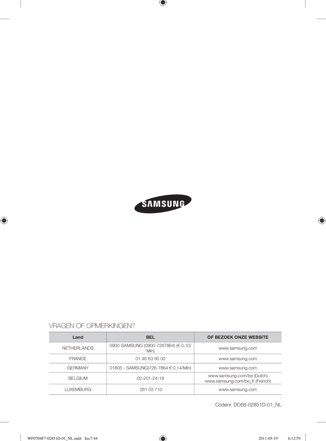 Samsung WF0704Y8E/XEE, WF0704W7V1/YLE, WF0704W7V/YLE manual Vragen of OPMERKINGEN? 