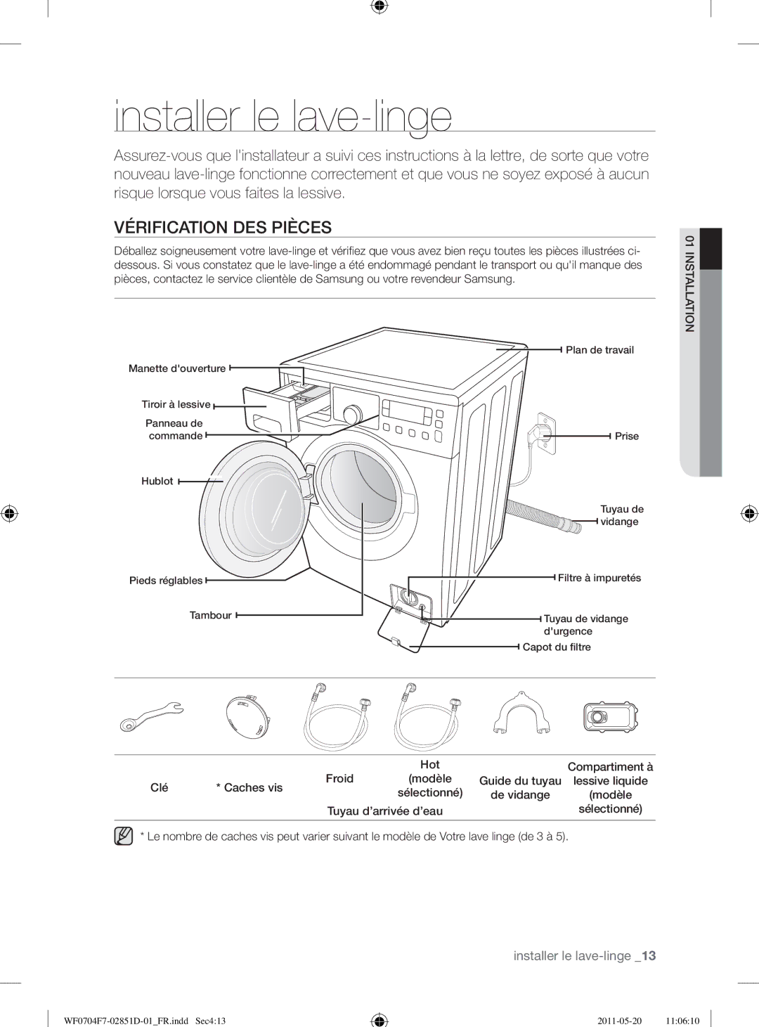 Samsung WF0704W7V1/YLE, WF0704W7V/YLE, WF0704Y8E/XEE manual Installer le lave-linge, Vérification DES Pièces 