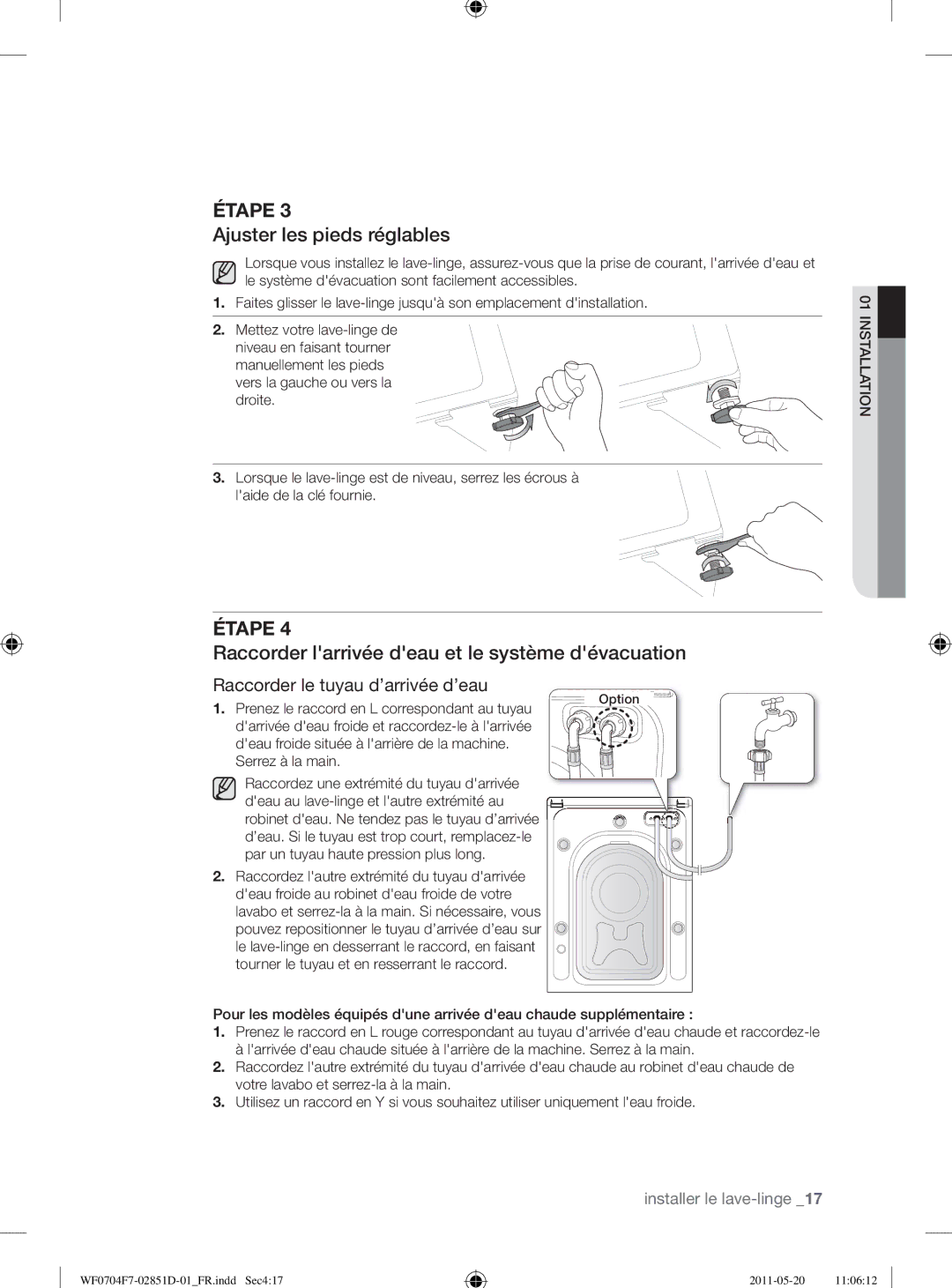 Samsung WF0704W7V/YLE Ajuster les pieds réglables, Raccorder larrivée deau et le système dévacuation, Serrez à la main 