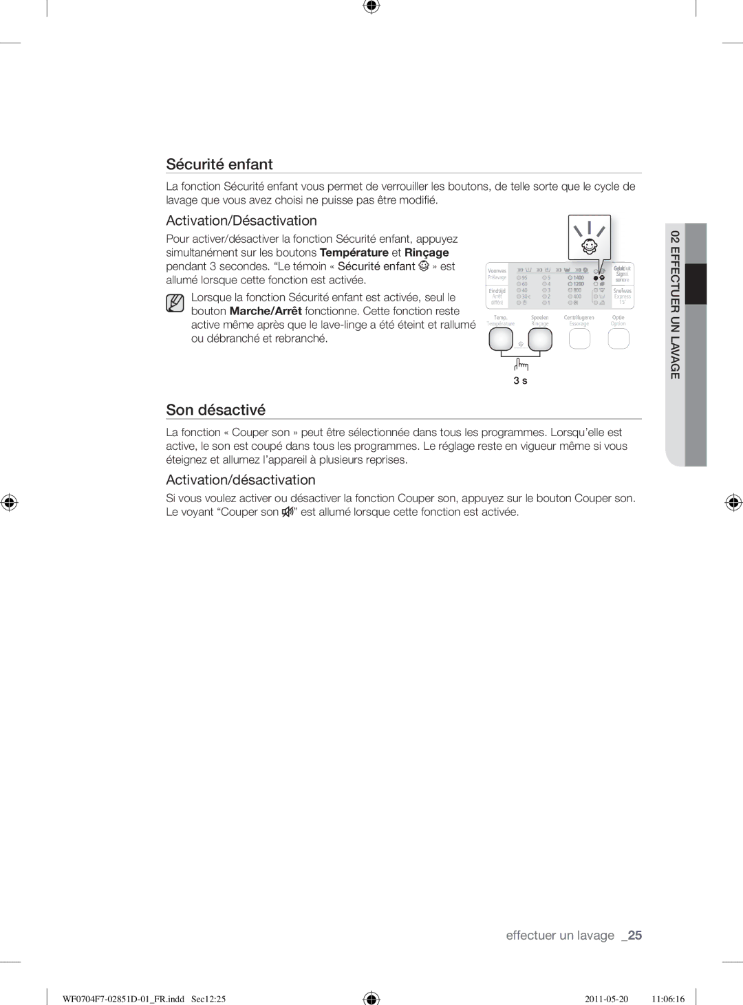 Samsung WF0704W7V1/YLE, WF0704W7V/YLE, WF0704Y8E/XEE manual Son désactivé, Activation/Désactivation 