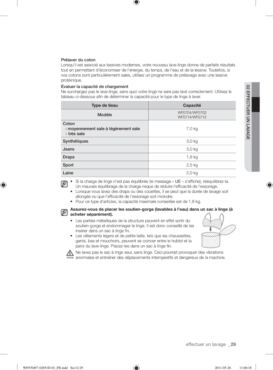 Samsung WF0704W7V/YLE, WF0704W7V1/YLE, WF0704Y8E/XEE manual Modèle, Paroi du lave-linge. Placez-les dans un sac à linge ﬁ n 