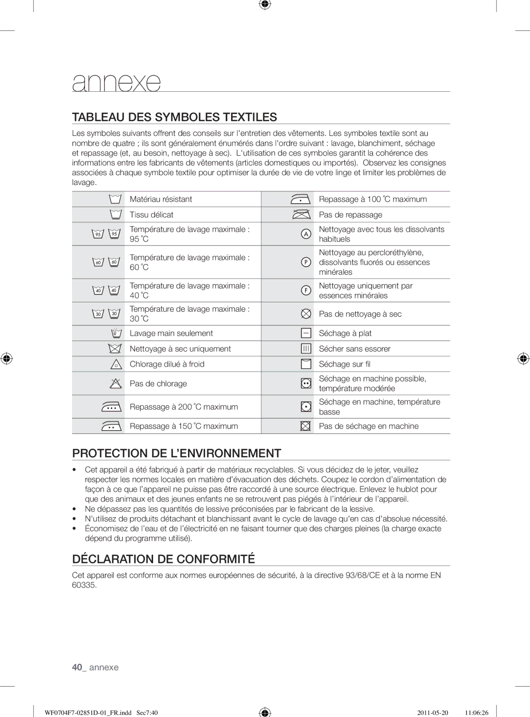 Samsung WF0704W7V1/YLE Annexe, Tableau DES Symboles Textiles, Protection DE L’ENVIRONNEMENT, Déclaration DE Conformité 