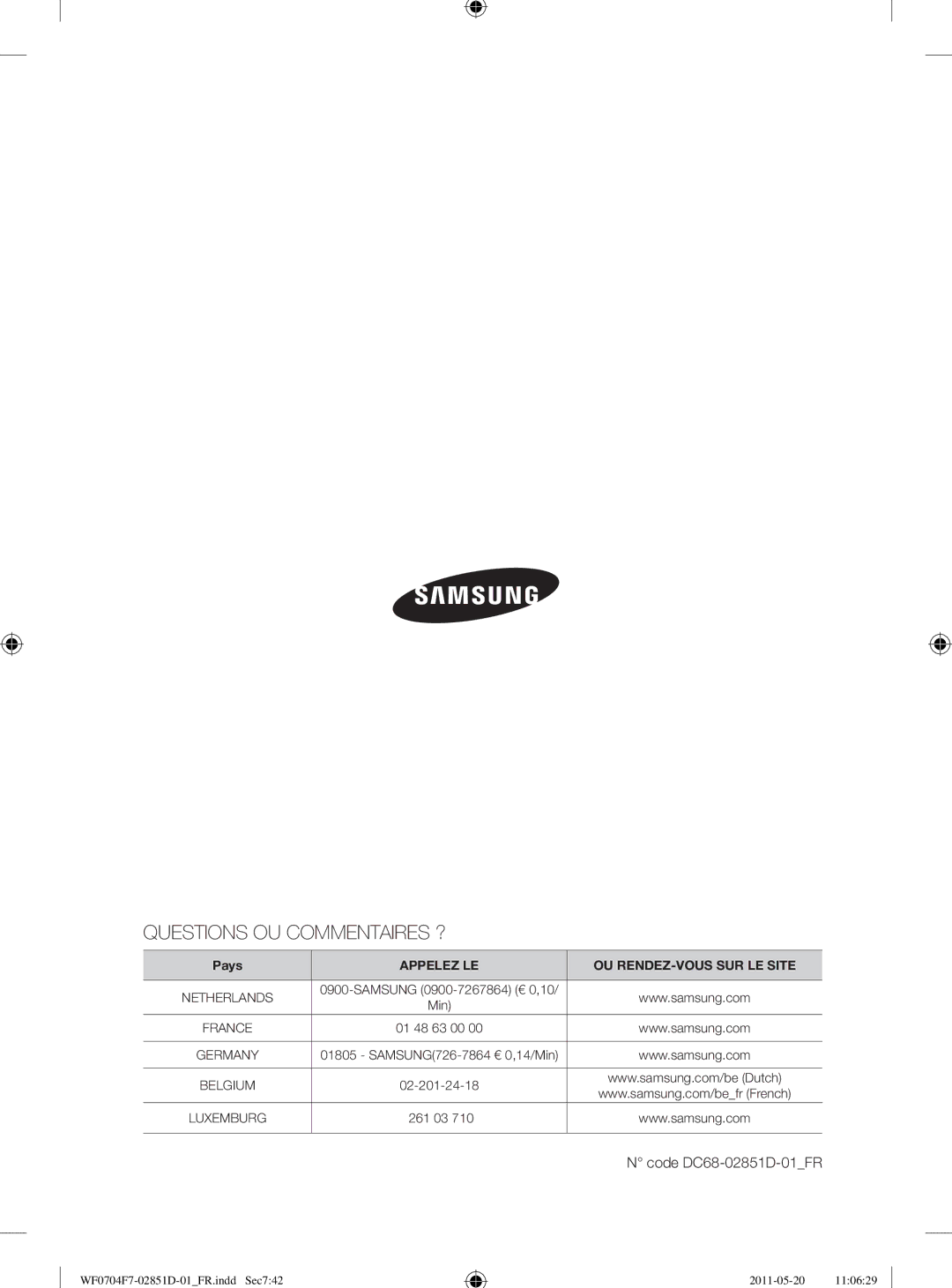 Samsung WF0704Y8E/XEE, WF0704W7V1/YLE, WF0704W7V/YLE manual Questions OU Commentaires ? 